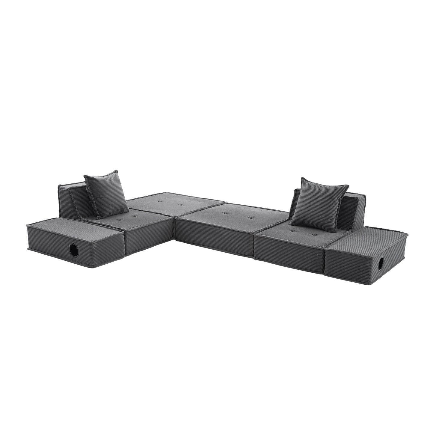 Converting Modular Sofa Bed & Floor Lounge - Retro Off-White Corduroy - Multi-Functional Layouts with Integrated Storage Pockets & Cup Holders - High-Resilience Urethane Foam