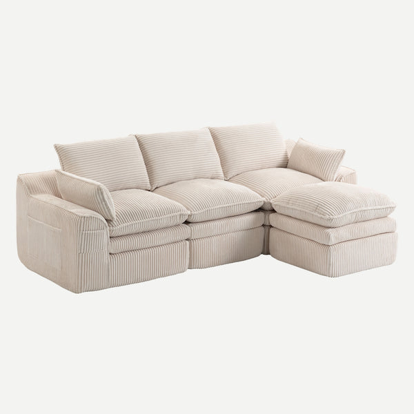 L Shaped Compressed Modular Sectional Sofa Modern Corduroy Upholstered Boneless Couches with Movable Footstool,With Three Pillows and Two Lumbar Pillows,Detachable Cloud Seat Cushions
