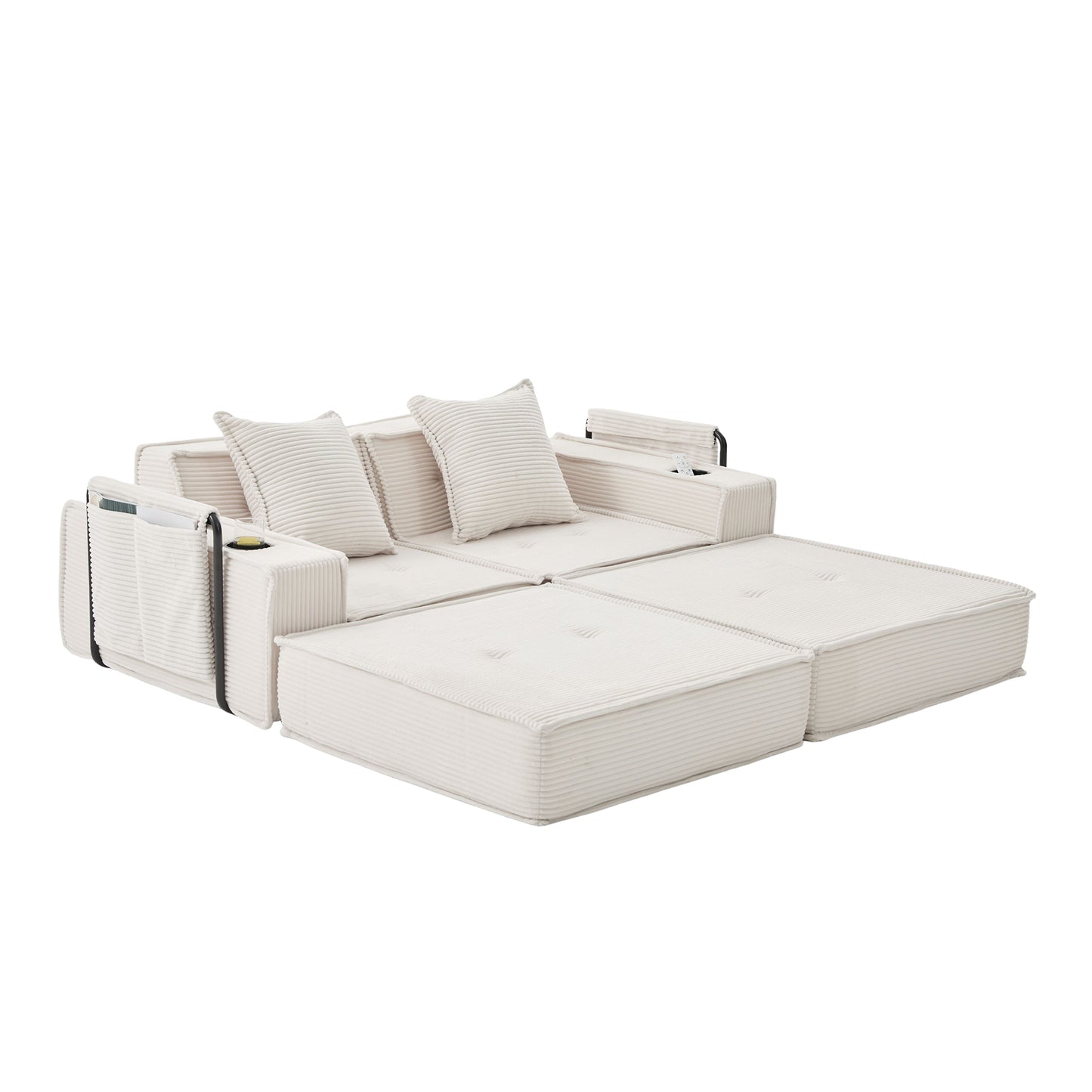 Converting Modular Sofa Bed & Floor Lounge - Retro Off-White Corduroy - Multi-Functional Layouts with Integrated Storage Pockets & Cup Holders - High-Resilience Urethane Foam