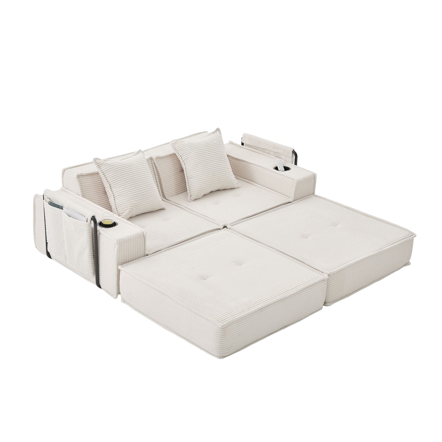 Converting Modular Sofa Bed & Floor Lounge - Retro Off-White Corduroy - Multi-Functional Layouts with Integrated Storage Pockets & Cup Holders - High-Resilience Urethane Foam