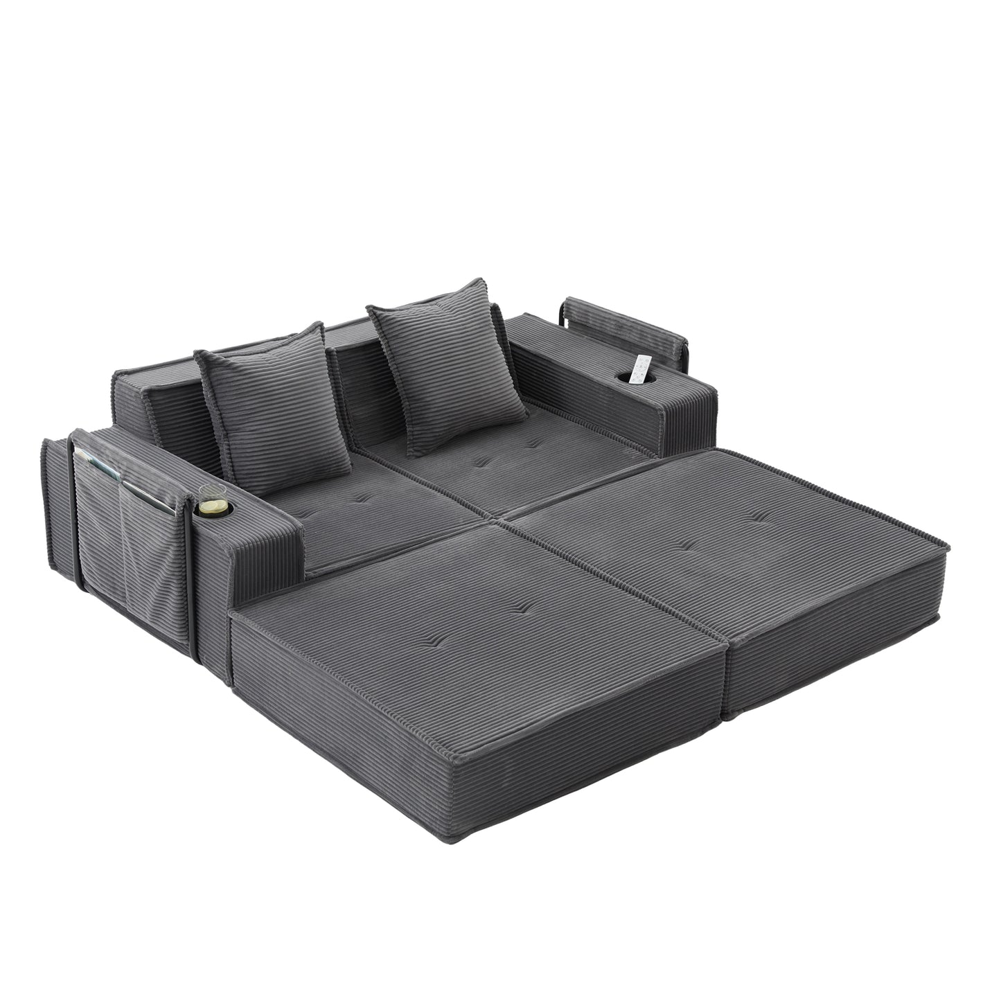 Converting Modular Sofa Bed & Floor Lounge - Retro Off-White Corduroy - Multi-Functional Layouts with Integrated Storage Pockets & Cup Holders - High-Resilience Urethane Foam