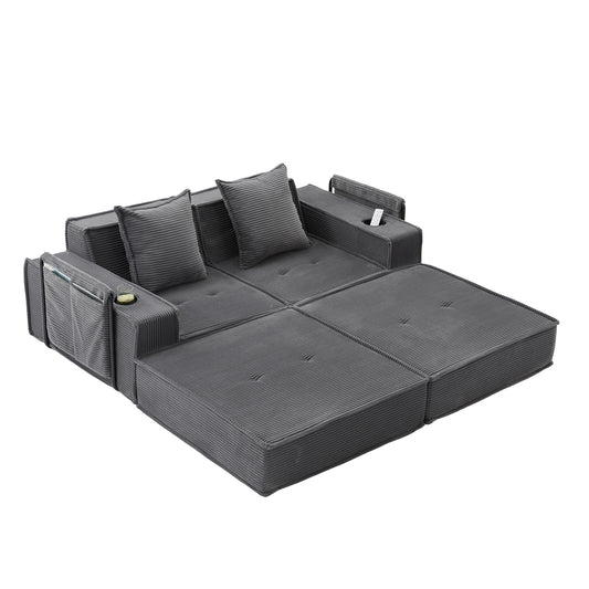 Converting Modular Sofa Bed & Floor Lounge - Retro Off-White Corduroy - Multi-Functional Layouts with Integrated Storage Pockets & Cup Holders - High-Resilience Urethane Foam