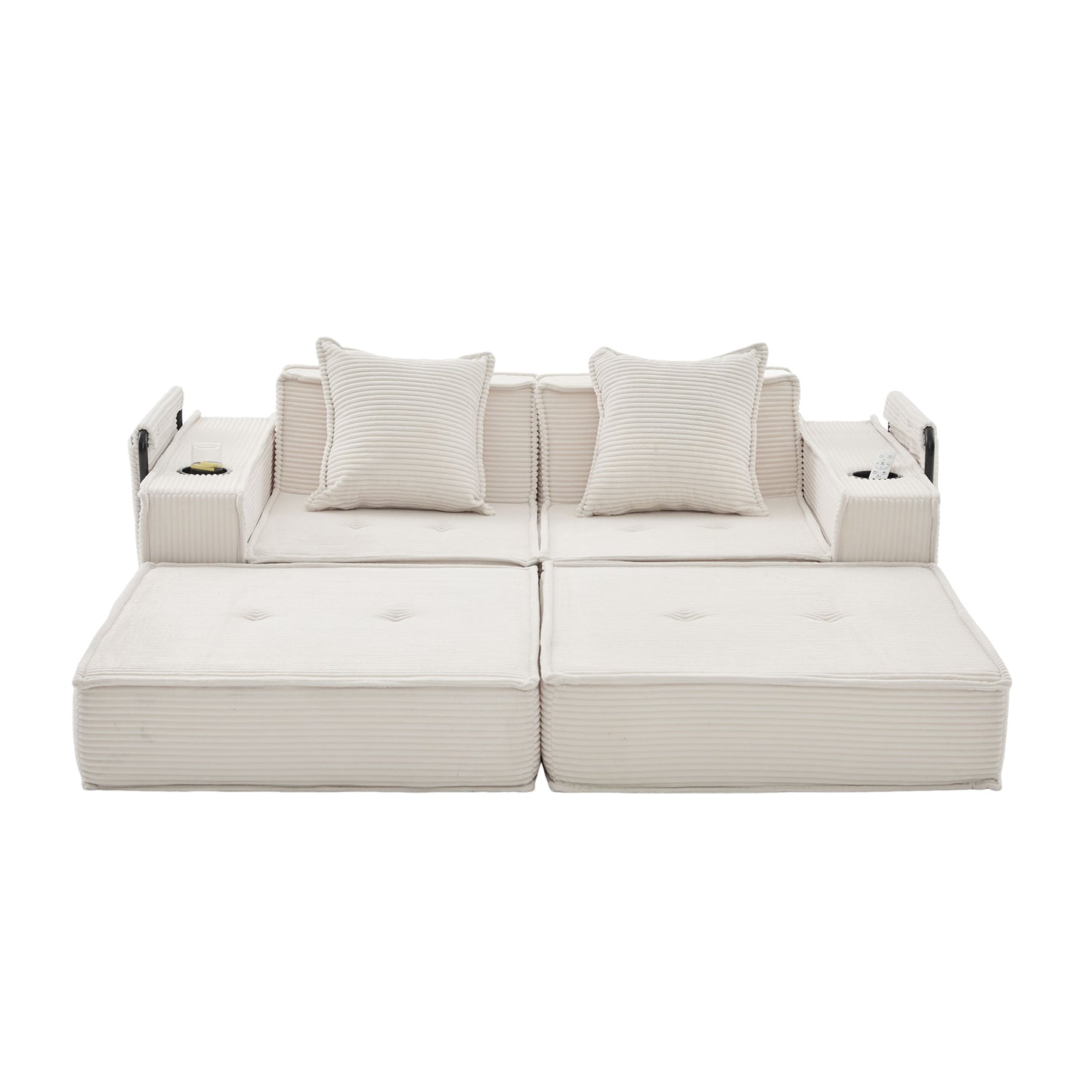Converting Modular Sofa Bed & Floor Lounge - Retro Off-White Corduroy - Multi-Functional Layouts with Integrated Storage Pockets & Cup Holders - High-Resilience Urethane Foam