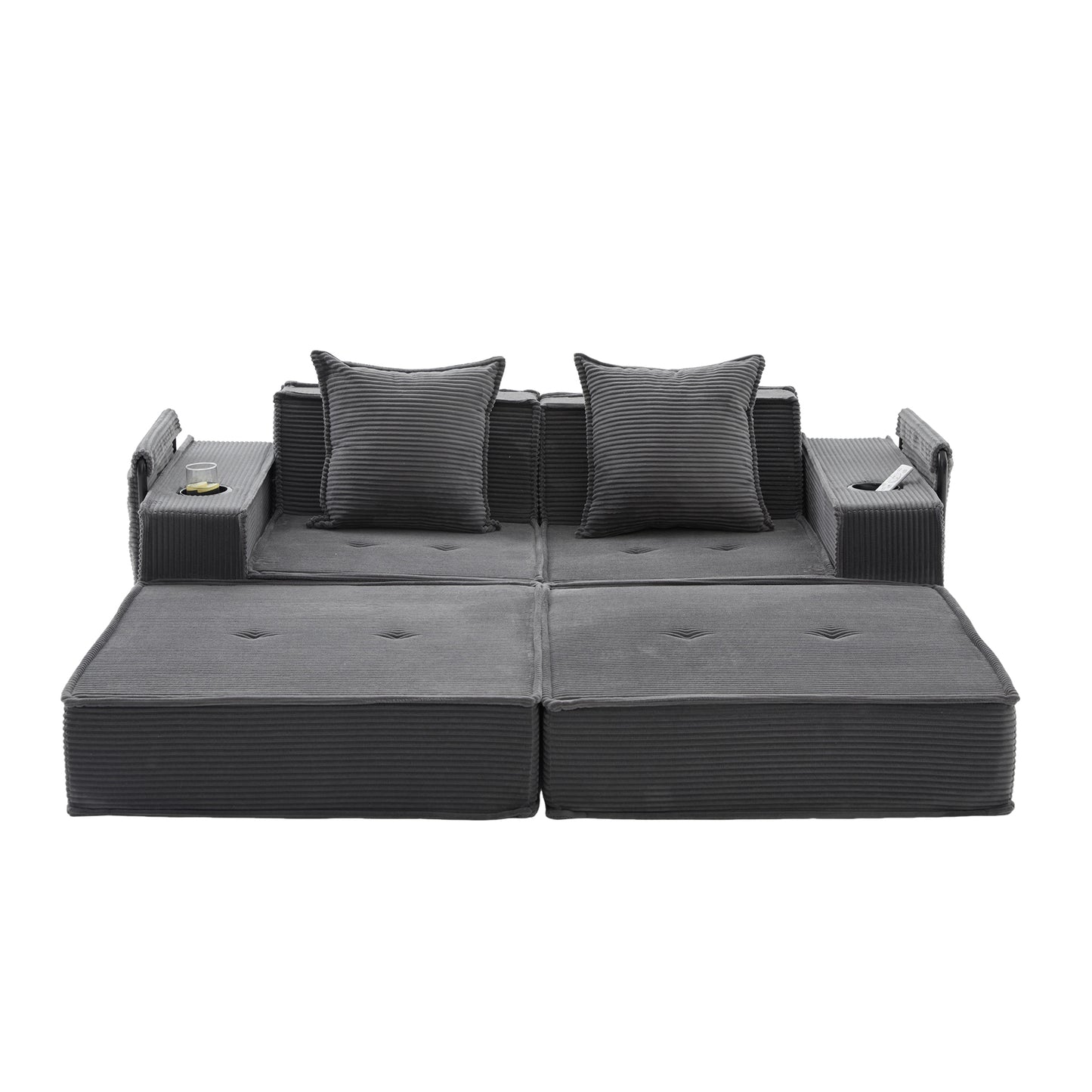 Converting Modular Sofa Bed & Floor Lounge - Retro Off-White Corduroy - Multi-Functional Layouts with Integrated Storage Pockets & Cup Holders - High-Resilience Urethane Foam