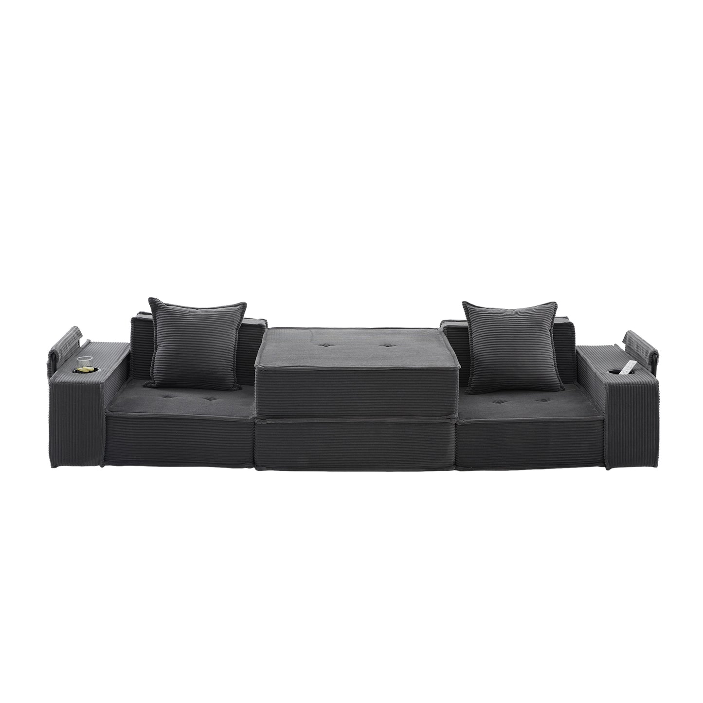 Converting Modular Sofa Bed & Floor Lounge - Retro Off-White Corduroy - Multi-Functional Layouts with Integrated Storage Pockets & Cup Holders - High-Resilience Urethane Foam