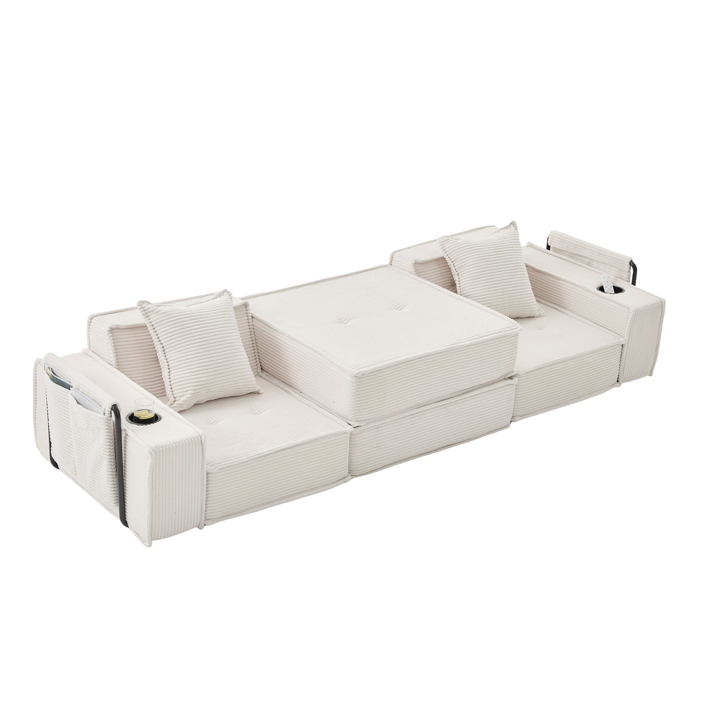 Converting Modular Sofa Bed & Floor Lounge - Retro Off-White Corduroy - Multi-Functional Layouts with Integrated Storage Pockets & Cup Holders - High-Resilience Urethane Foam