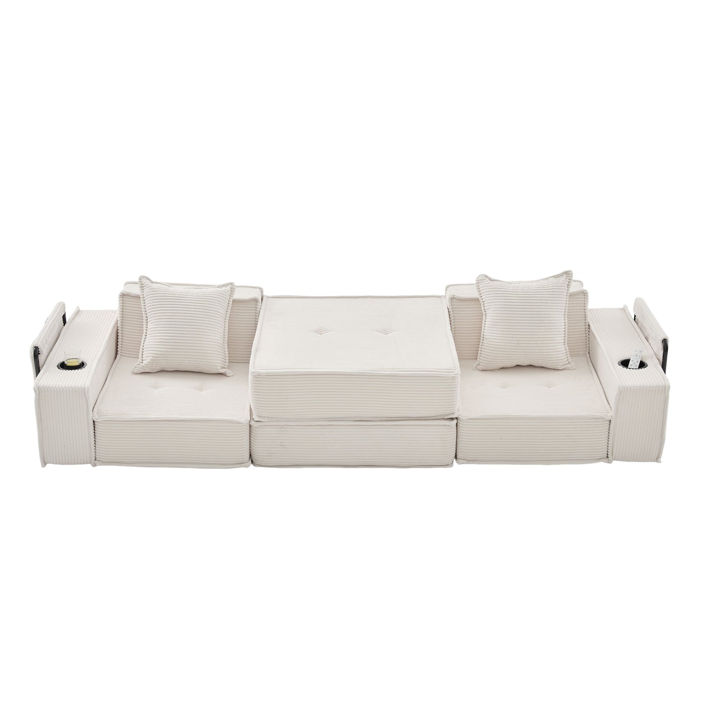 Converting Modular Sofa Bed & Floor Lounge - Retro Off-White Corduroy - Multi-Functional Layouts with Integrated Storage Pockets & Cup Holders - High-Resilience Urethane Foam
