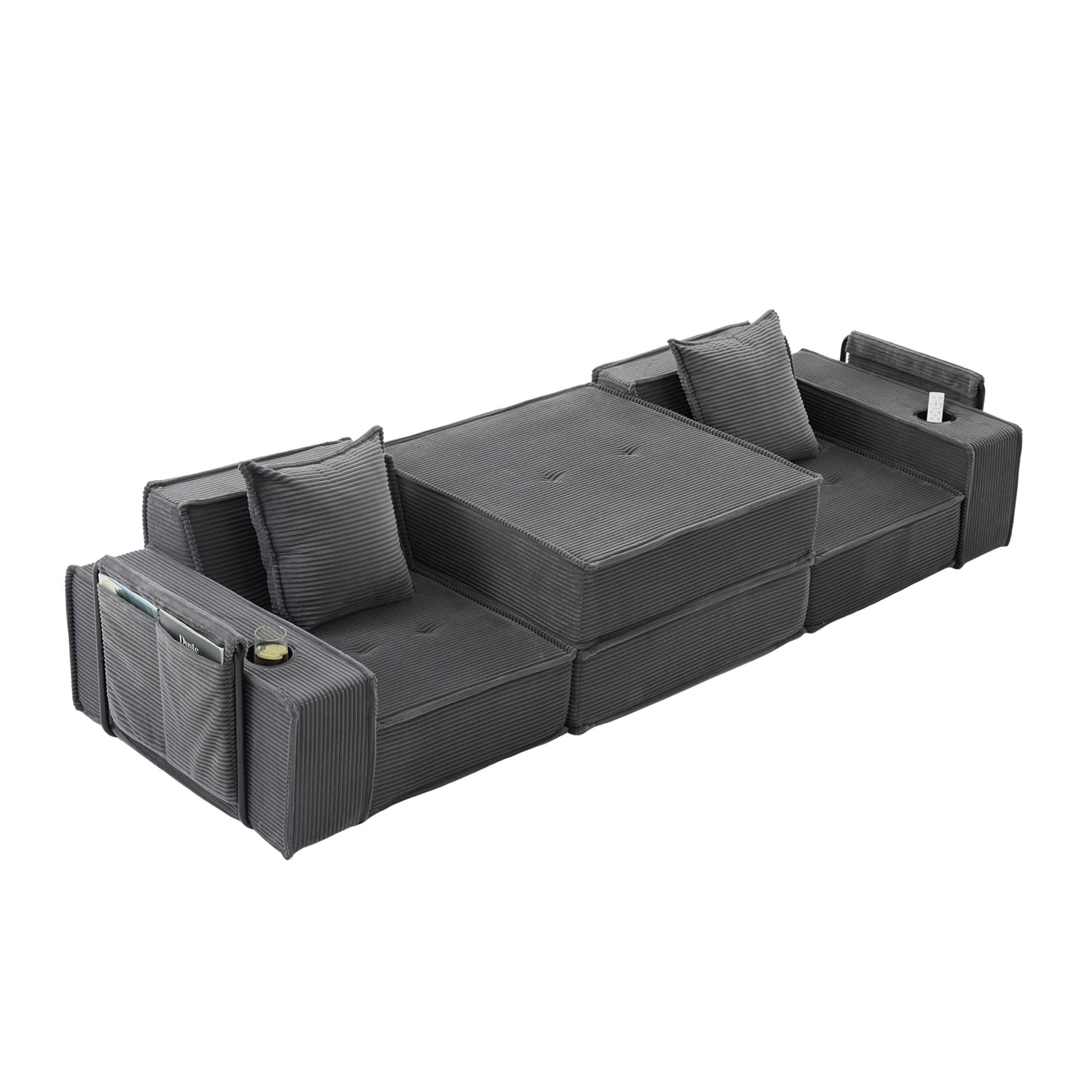 Converting Modular Sofa Bed & Floor Lounge - Retro Off-White Corduroy - Multi-Functional Layouts with Integrated Storage Pockets & Cup Holders - High-Resilience Urethane Foam