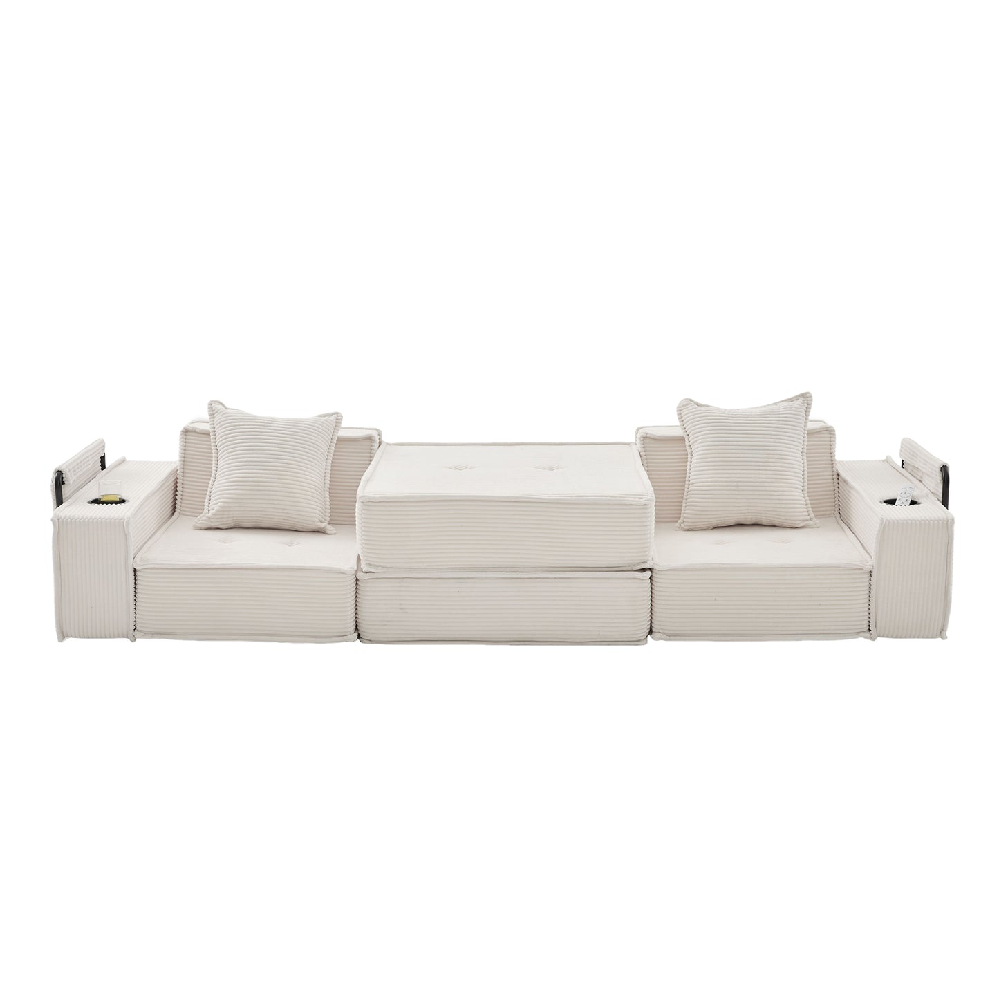 Converting Modular Sofa Bed & Floor Lounge - Retro Off-White Corduroy - Multi-Functional Layouts with Integrated Storage Pockets & Cup Holders - High-Resilience Urethane Foam
