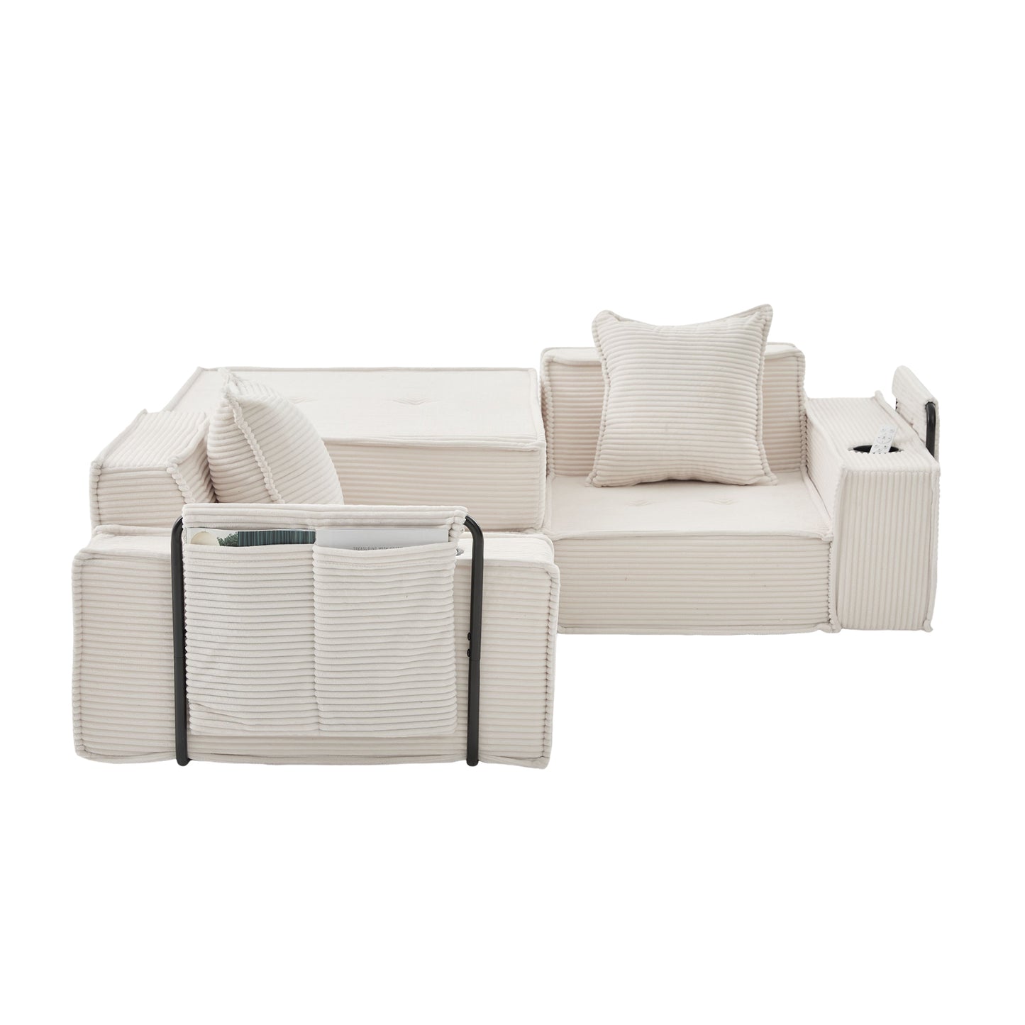 Converting Modular Sofa Bed & Floor Lounge - Retro Off-White Corduroy - Multi-Functional Layouts with Integrated Storage Pockets & Cup Holders - High-Resilience Urethane Foam