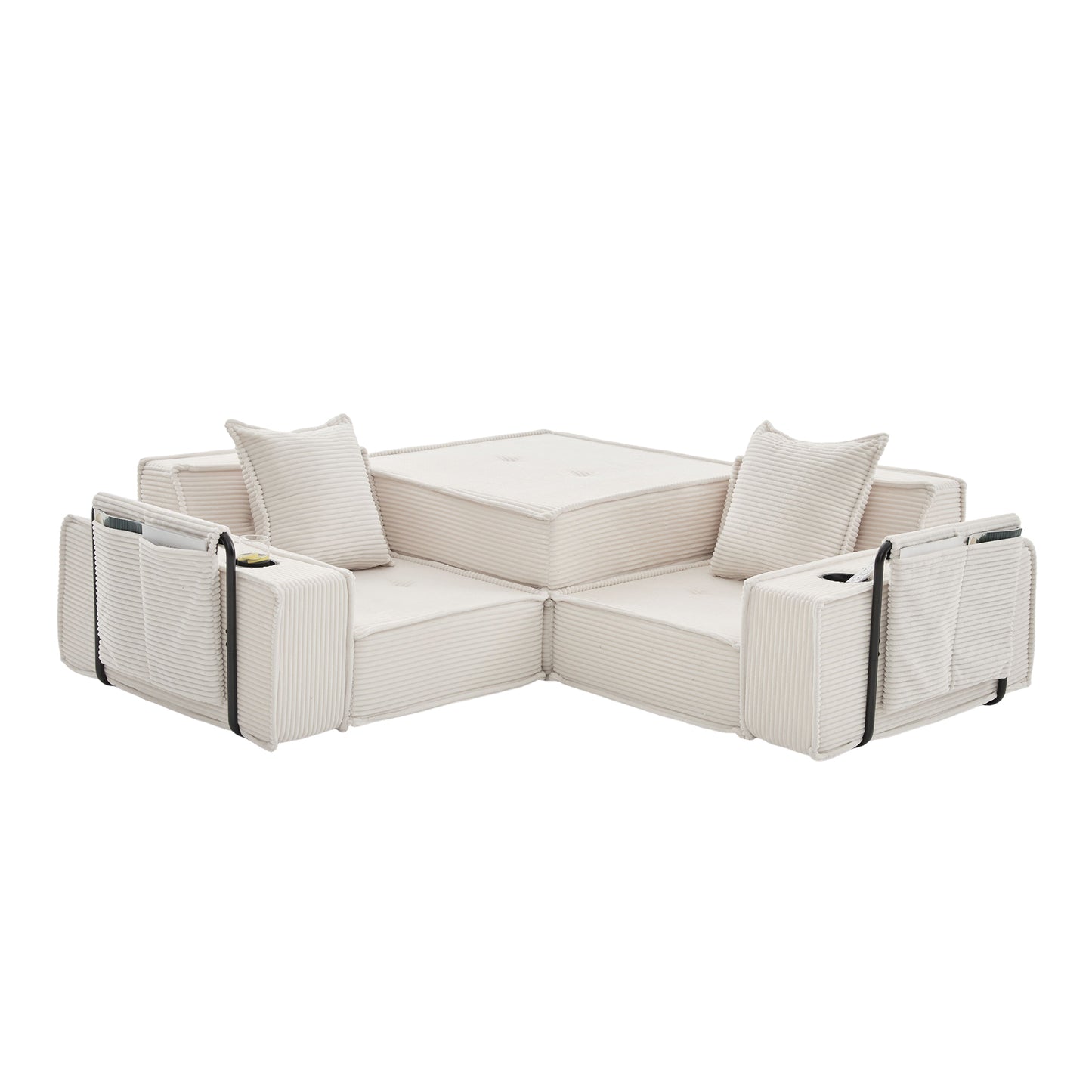 Converting Modular Sofa Bed & Floor Lounge - Retro Off-White Corduroy - Multi-Functional Layouts with Integrated Storage Pockets & Cup Holders - High-Resilience Urethane Foam
