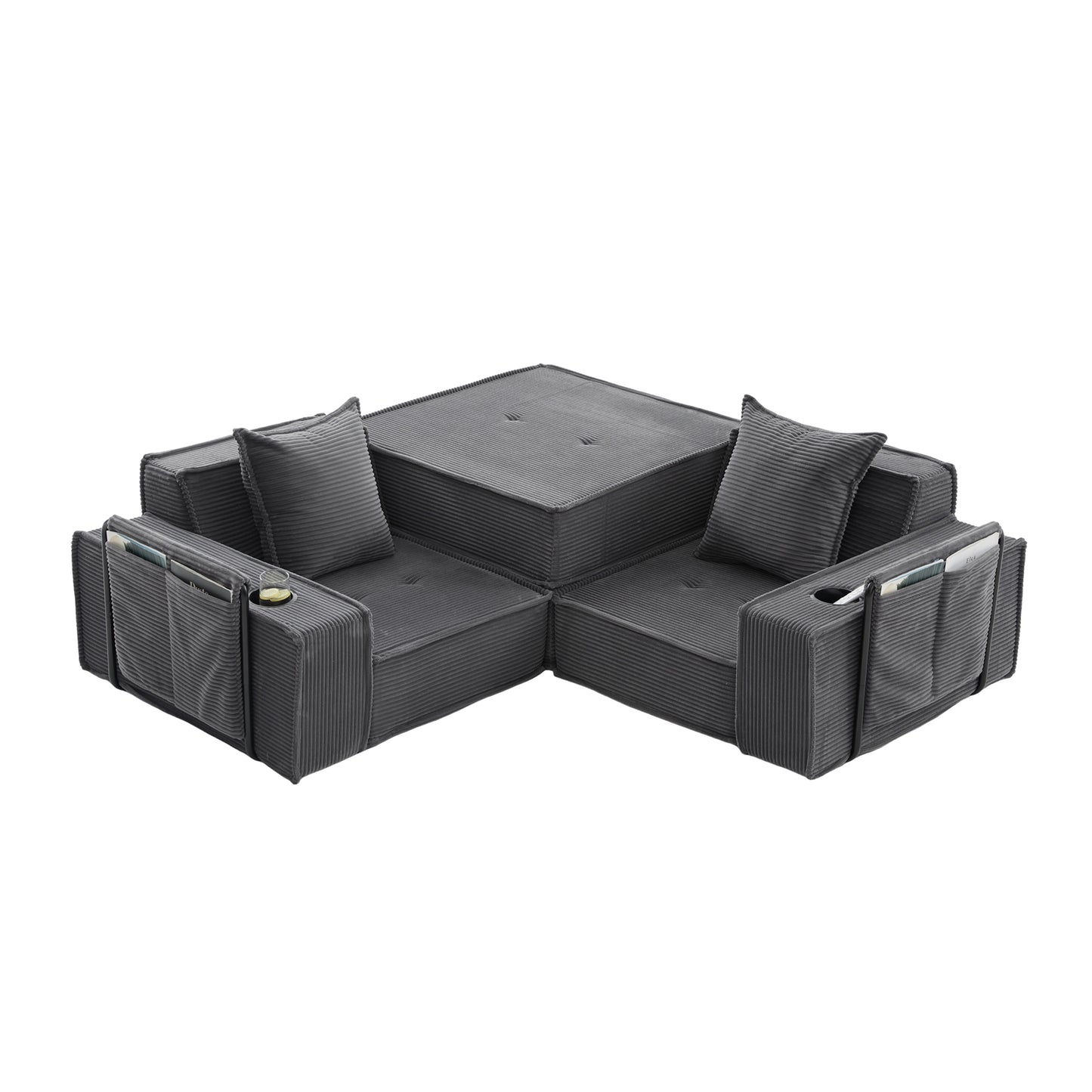 Converting Modular Sofa Bed & Floor Lounge - Retro Off-White Corduroy - Multi-Functional Layouts with Integrated Storage Pockets & Cup Holders - High-Resilience Urethane Foam