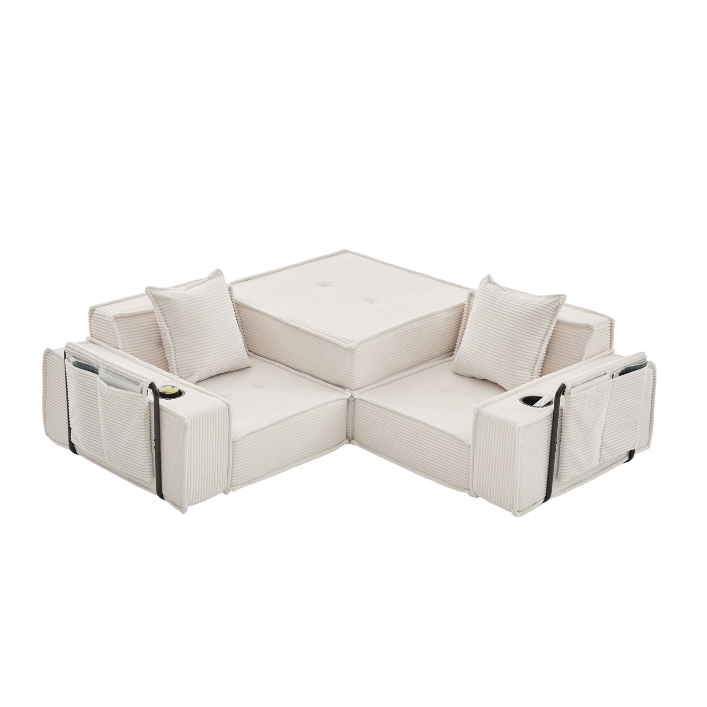 Converting Modular Sofa Bed & Floor Lounge - Retro Off-White Corduroy - Multi-Functional Layouts with Integrated Storage Pockets & Cup Holders - High-Resilience Urethane Foam