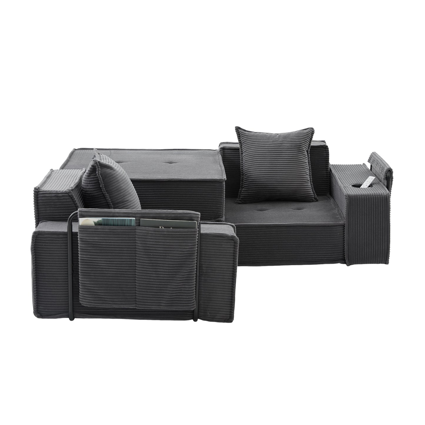 Converting Modular Sofa Bed & Floor Lounge - Retro Off-White Corduroy - Multi-Functional Layouts with Integrated Storage Pockets & Cup Holders - High-Resilience Urethane Foam