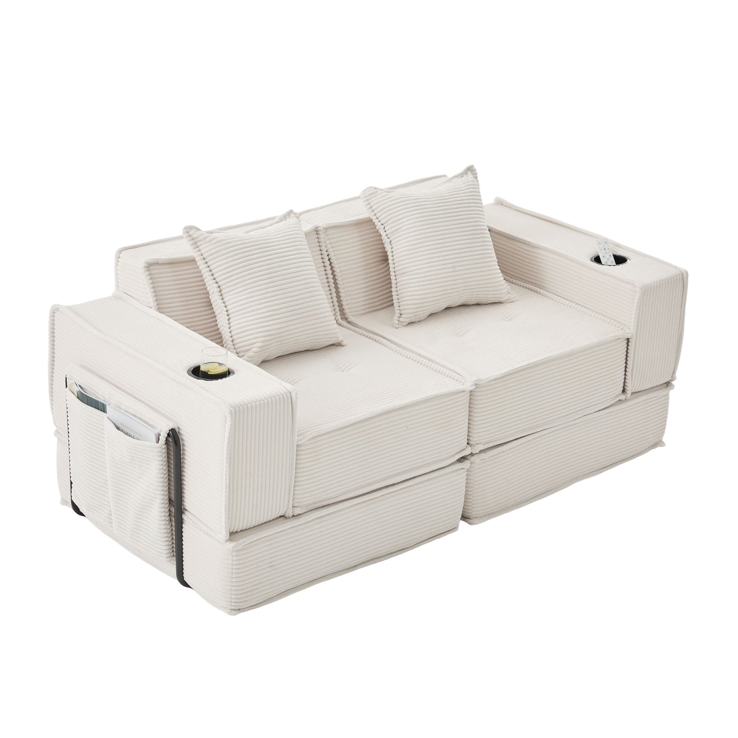 Converting Modular Sofa Bed & Floor Lounge - Retro Off-White Corduroy - Multi-Functional Layouts with Integrated Storage Pockets & Cup Holders - High-Resilience Urethane Foam