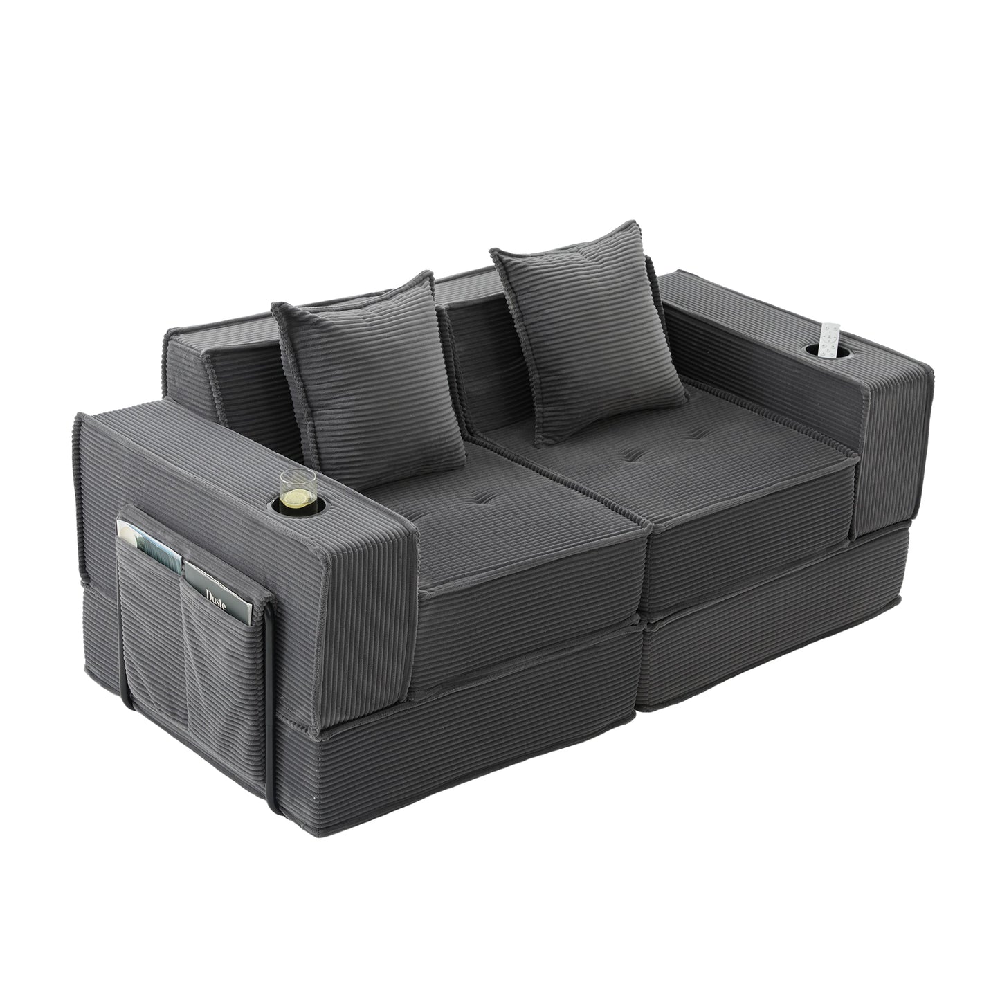 Converting Modular Sofa Bed & Floor Lounge - Retro Off-White Corduroy - Multi-Functional Layouts with Integrated Storage Pockets & Cup Holders - High-Resilience Urethane Foam