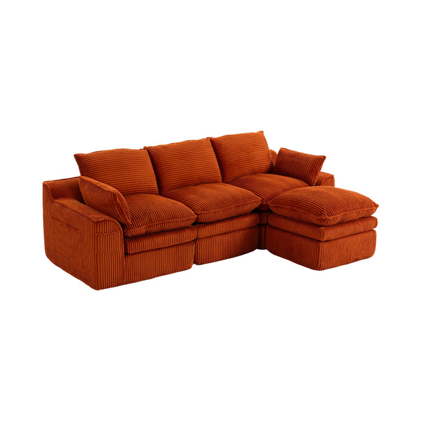 L Shaped Compressed Modular Sectional Sofa Modern Corduroy Upholstered Boneless Couches with Movable Footstool,With Three Pillows and Two Lumbar Pillows,Detachable Cloud Seat Cushions