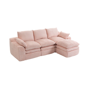 L Shaped Compressed Modular Sectional Sofa Modern Corduroy Upholstered Boneless Couches with Movable Footstool,With Three Pillows and Two Lumbar Pillows,Detachable Cloud Seat Cushions