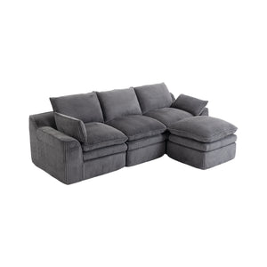 L Shaped Compressed Modular Sectional Sofa Modern Corduroy Upholstered Boneless Couches with Movable Footstool,With Three Pillows and Two Lumbar Pillows,Detachable Cloud Seat Cushions