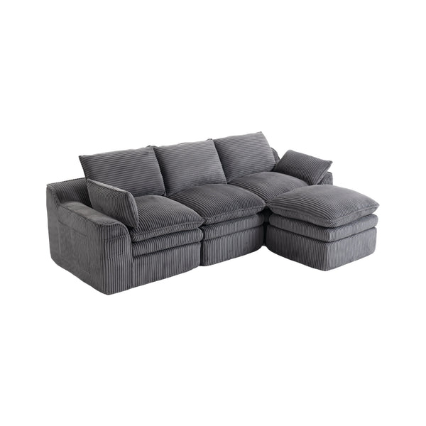 L Shaped Compressed Modular Sectional Sofa Modern Corduroy Upholstered Boneless Couches with Movable Footstool,With Three Pillows and Two Lumbar Pillows,Detachable Cloud Seat Cushions