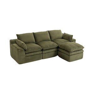 L Shaped Compressed Modular Sectional Sofa Modern Corduroy Upholstered Boneless Couches with Movable Footstool,With Three Pillows and Two Lumbar Pillows,Detachable Cloud Seat Cushions