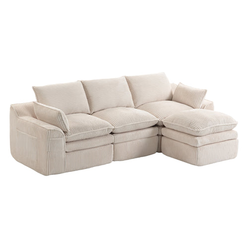 L Shaped Compressed Modular Sectional Sofa Modern Corduroy Upholstered Boneless Couches with Movable Footstool,With Three Pillows and Two Lumbar Pillows,Detachable Cloud Seat Cushions