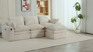 L Shaped Compressed Modular Sectional Sofa Modern Corduroy Upholstered Boneless Couches with Movable Footstool,With Three Pillows and Two Lumbar Pillows,Detachable Cloud Seat Cushions